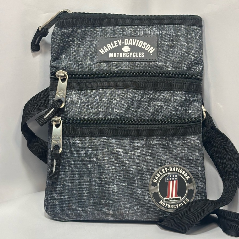 Harley Davidson Crossbody Bag Women Black/Gray 3 Zippers Adjustable Strap Purse